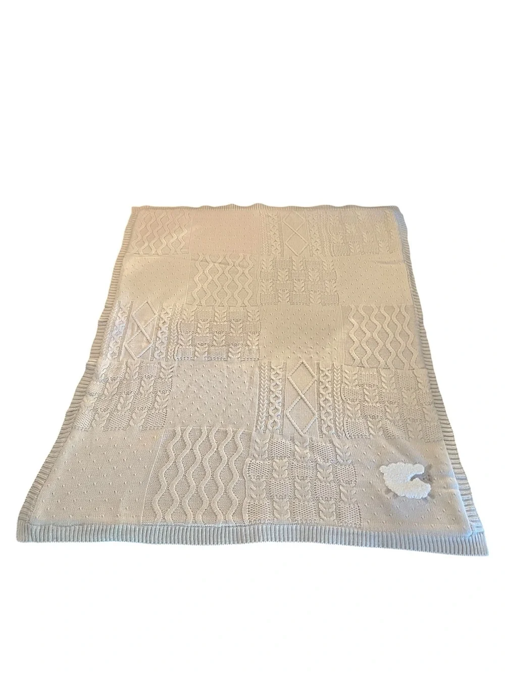 Pottery Barn Kids Tan Patchwork Cable Heirloom Sheep Baby Blanket